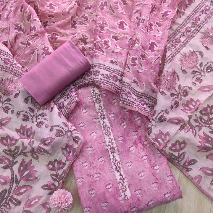 Alhada Mulberry Purple Kantha Embroidery Digital Printed Chanderi Suit Set