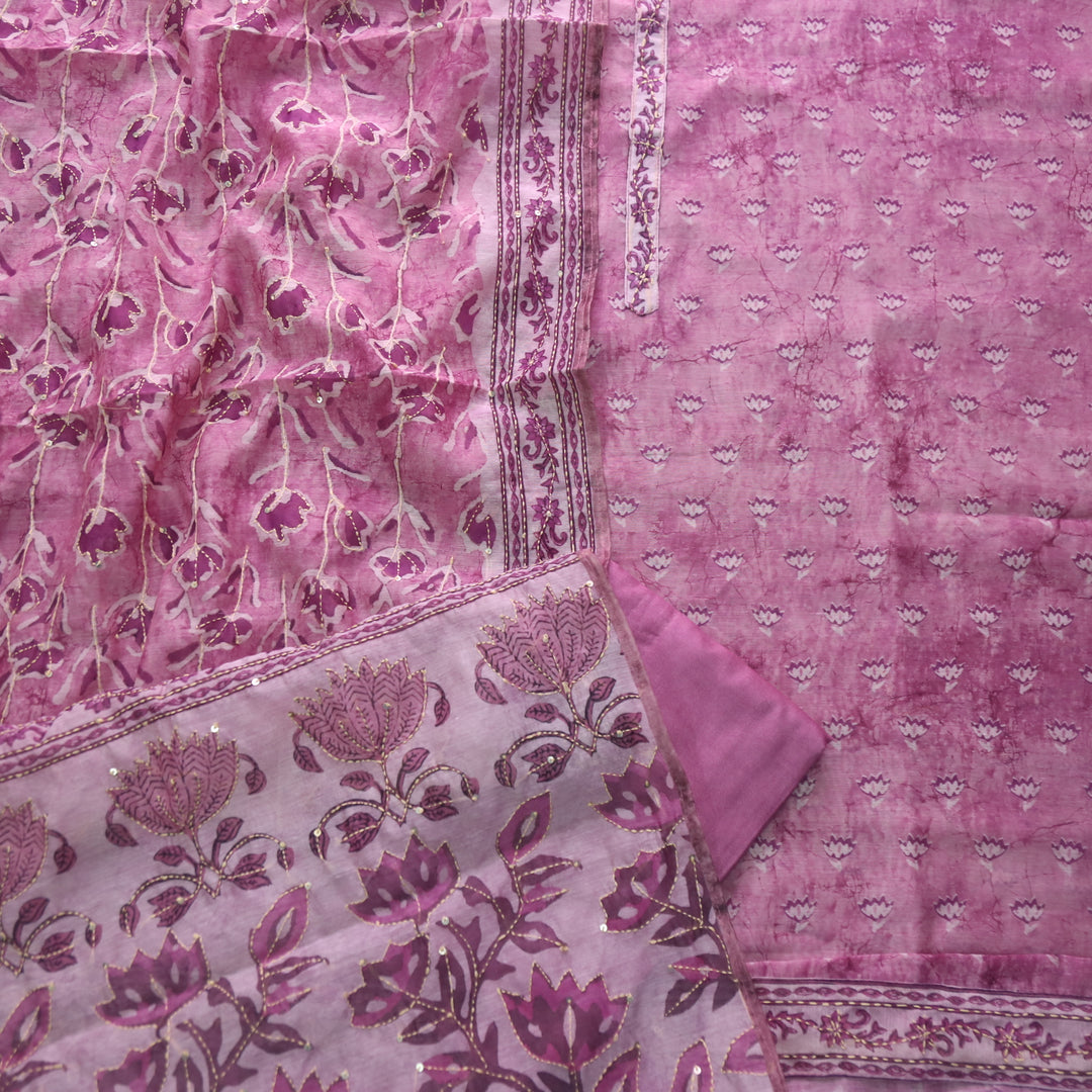 Alhada Mulberry Purple Kantha Embroidery Digital Printed Chanderi Suit Set