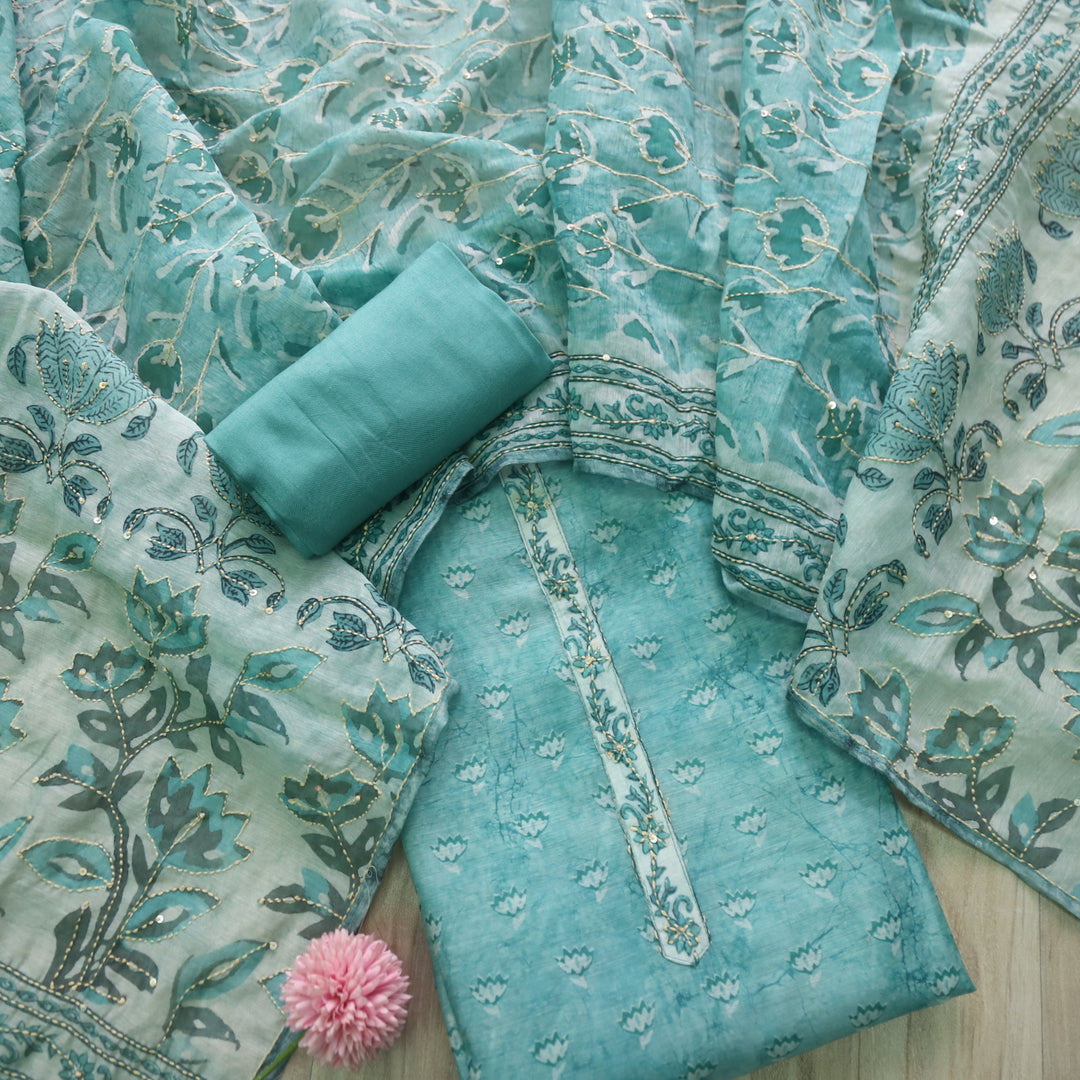 Alhada Minthy Sage Kantha Embroidery Digital Printed Chanderi Suit Set