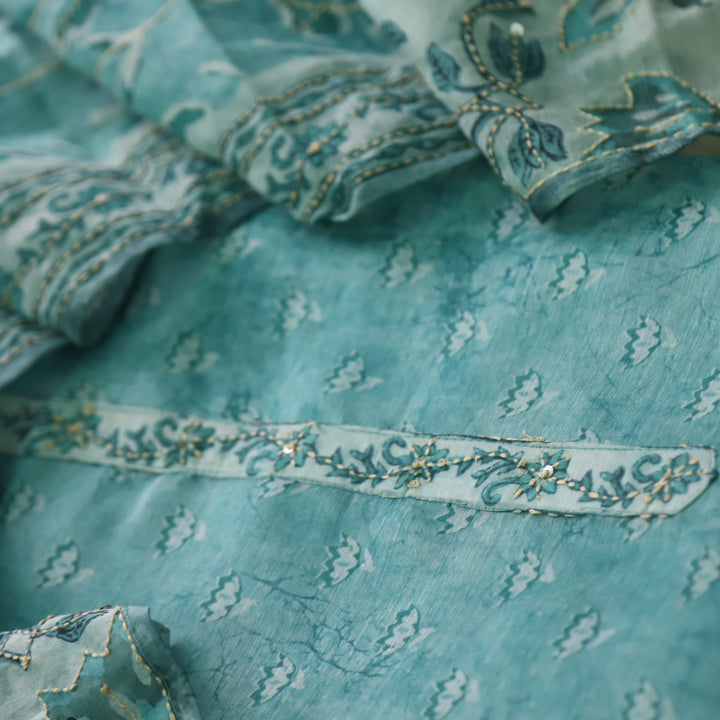 Alhada Minthy Sage Kantha Embroidery Digital Printed Chanderi Suit Set