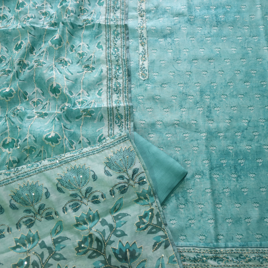 Alhada Minthy Sage Kantha Embroidery Digital Printed Chanderi Suit Set