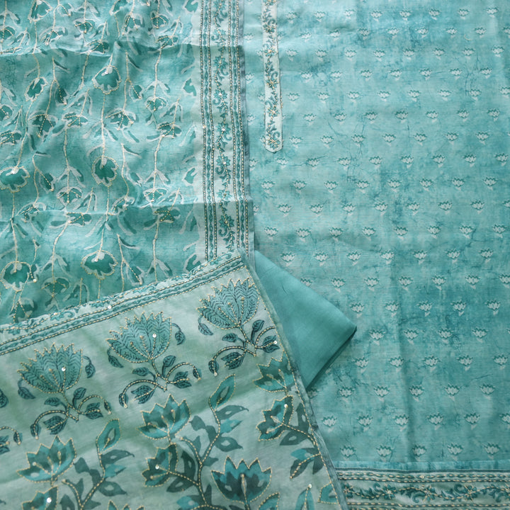 Alhada Minthy Sage Kantha Embroidery Digital Printed Chanderi Suit Set