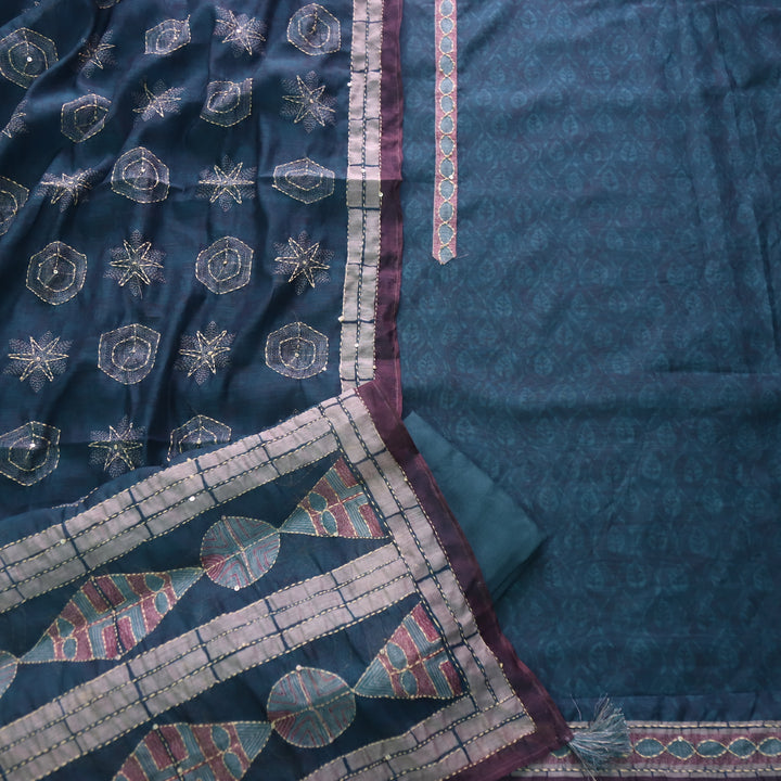 Soniye Cerulean Blue Kantha Embroidery Digital Printed Chanderi Suit Set