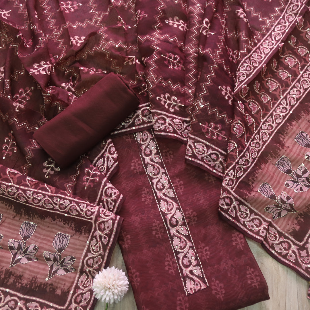 Soniye Choco Brown Kantha Embroidery Digital Printed Chanderi Suit Set