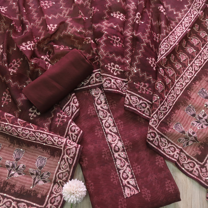 Soniye Choco Brown Kantha Embroidery Digital Printed Chanderi Suit Set