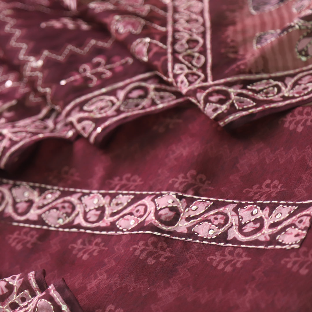 Soniye Choco Brown Kantha Embroidery Digital Printed Chanderi Suit Set