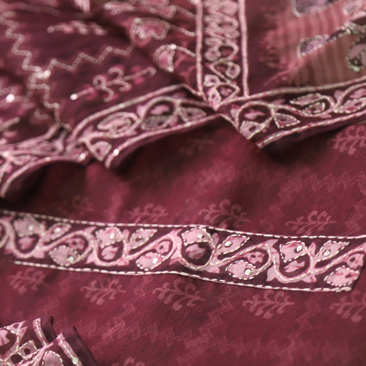 Soniye Choco Brown Kantha Embroidery Digital Printed Chanderi Suit Set