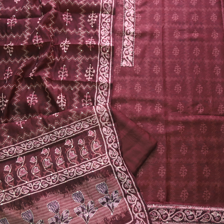Soniye Choco Brown Kantha Embroidery Digital Printed Chanderi Suit Set