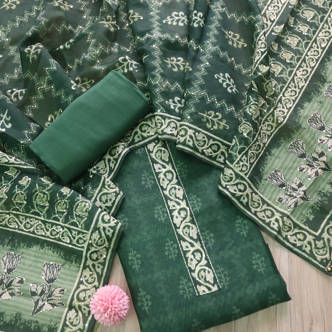 Soniye Sacramento Green Kantha Embroidery Digital Printed Chanderi Suit Set