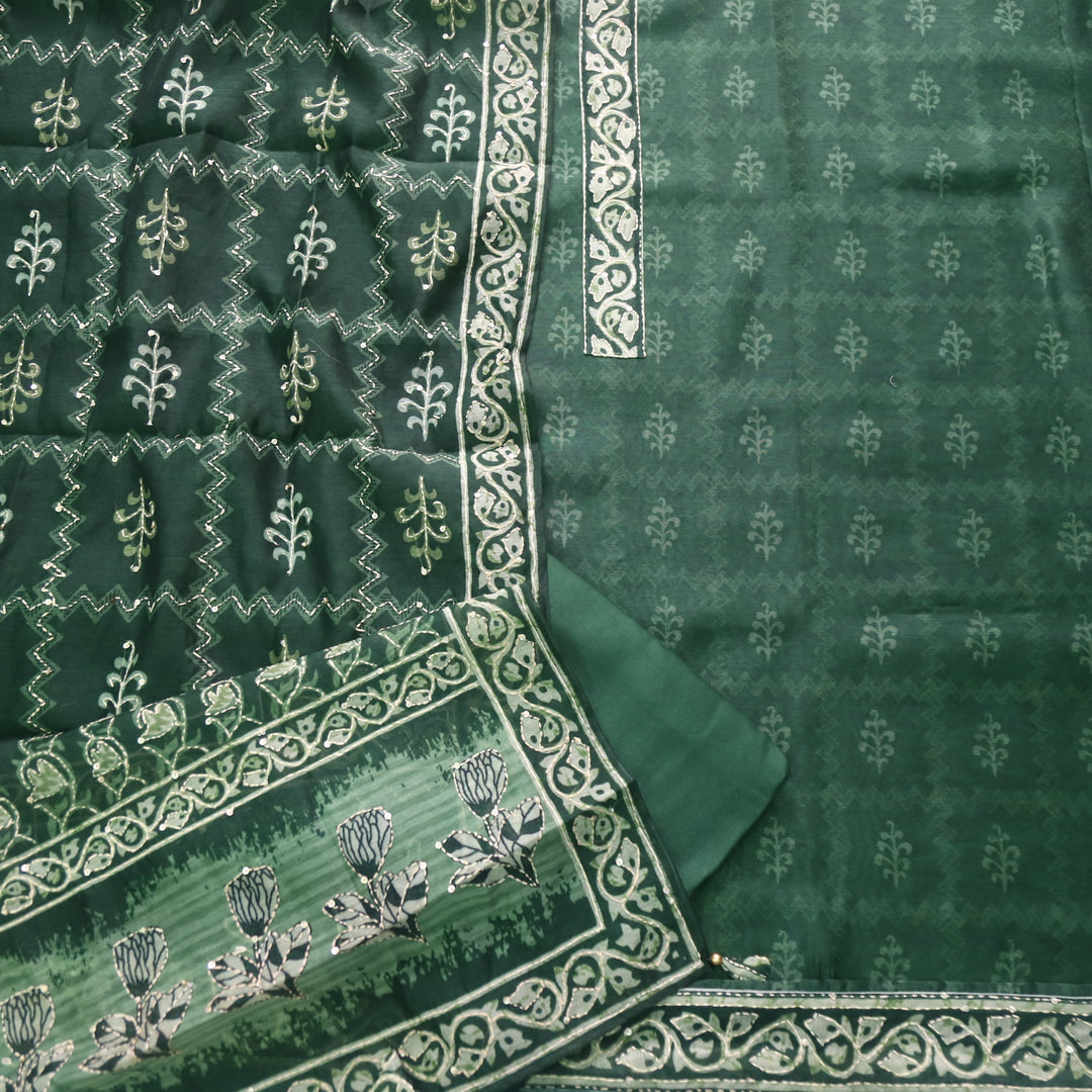 Soniye Sacramento Green Kantha Embroidery Digital Printed Chanderi Suit Set