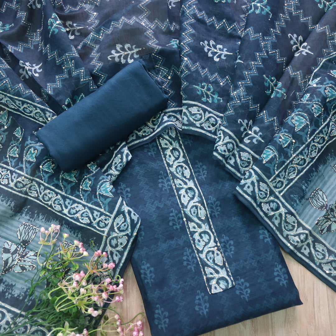 Soniye Space Blue Kantha Embroidery Digital Printed Chanderi Suit Set