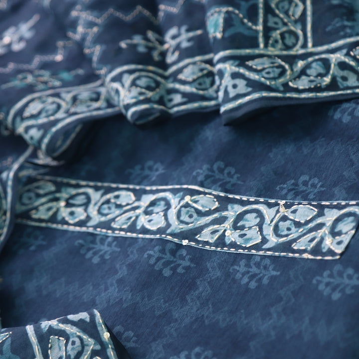 Soniye Space Blue Kantha Embroidery Digital Printed Chanderi Suit Set