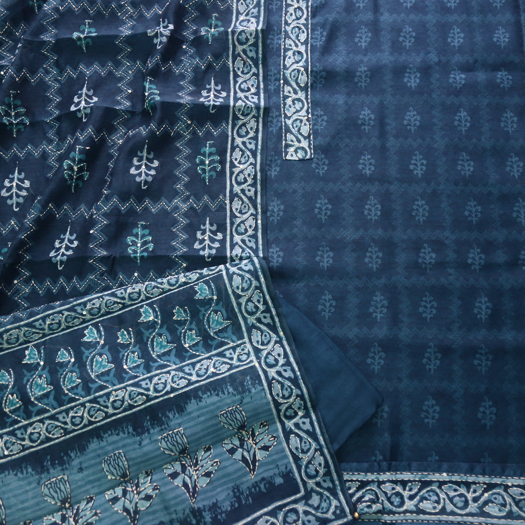 Soniye Space Blue Kantha Embroidery Digital Printed Chanderi Suit Set