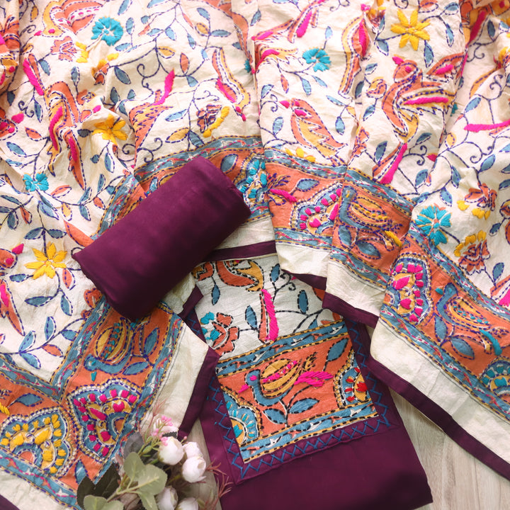 Sajna Burgundy Purple Phulkari Patch Work Neck Glazed Cotton Suit Set