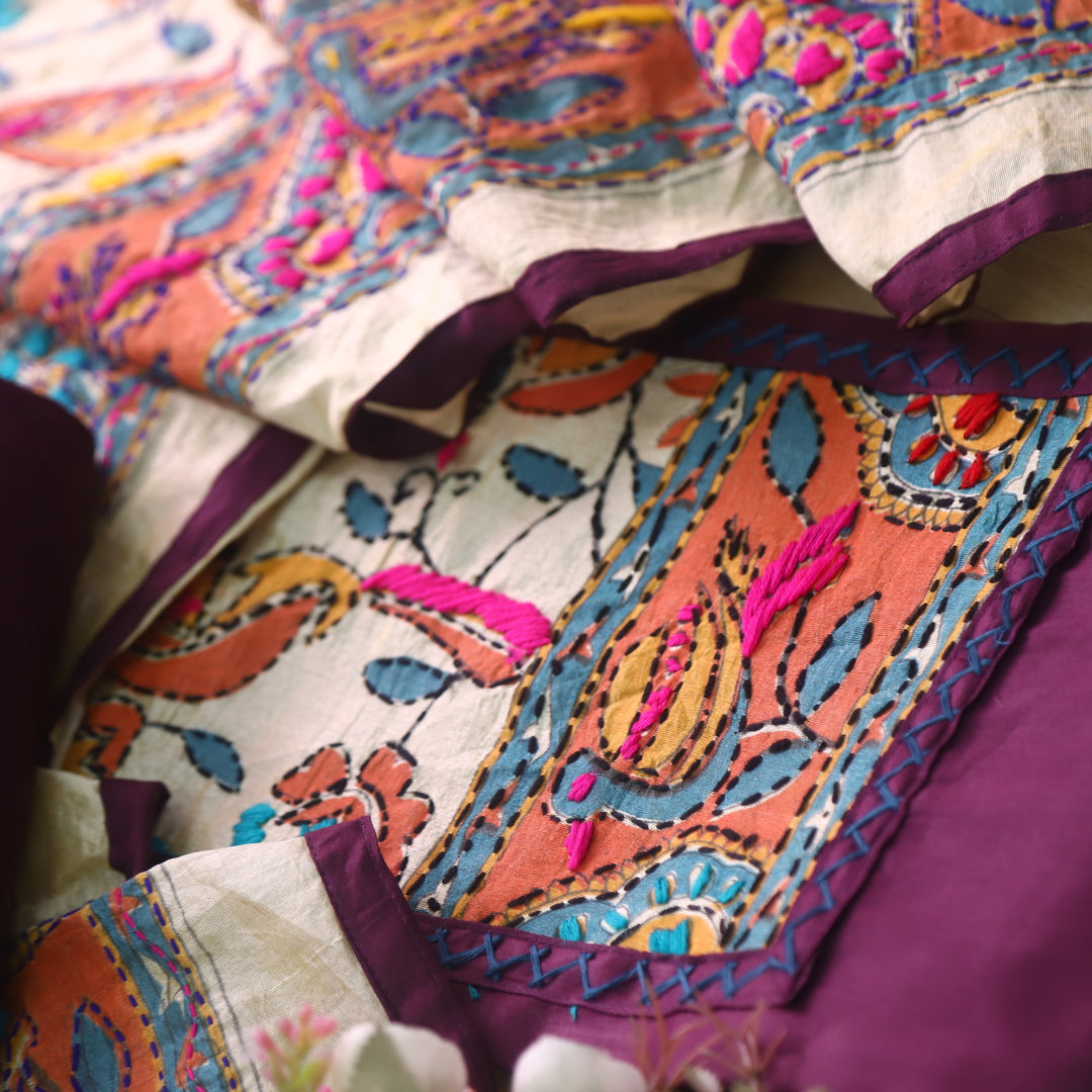 Sajna Burgundy Purple Phulkari Patch Work Neck Glazed Cotton Suit Set