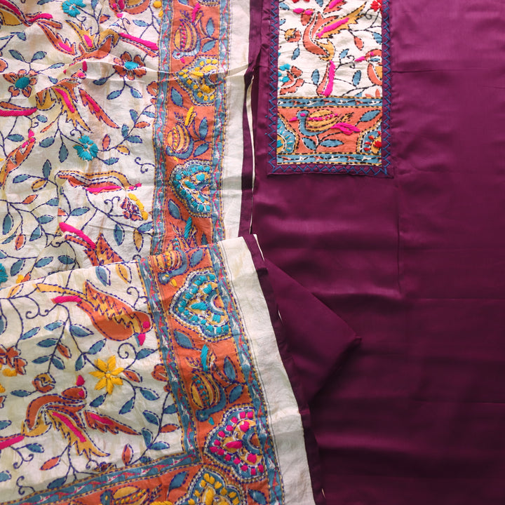 Sajna Burgundy Purple Phulkari Patch Work Neck Glazed Cotton Suit Set