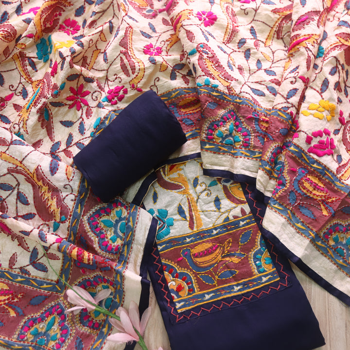 Sajna Indigo Blue Phulkari Patch Work Neck Glazed Cotton Suit Set