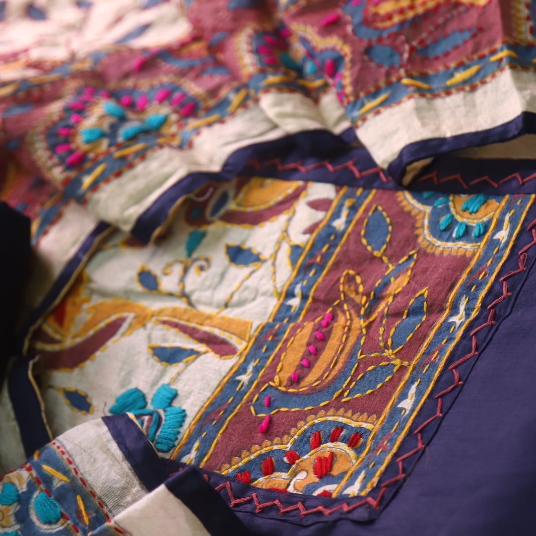 Sajna Indigo Blue Phulkari Patch Work Neck Glazed Cotton Suit Set