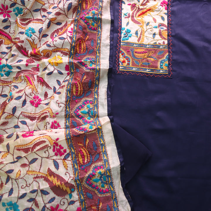 Sajna Indigo Blue Phulkari Patch Work Neck Glazed Cotton Suit Set