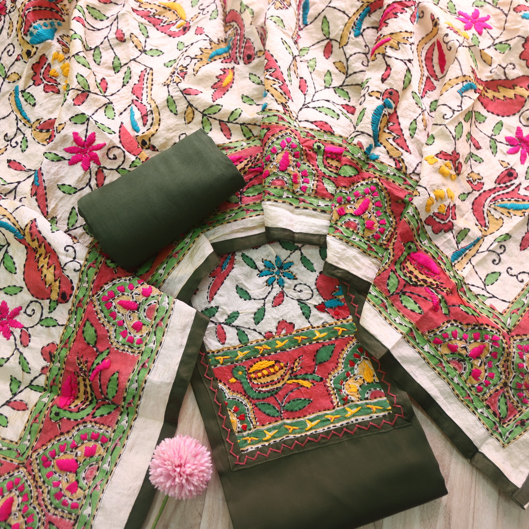 Sajna Olive Green Phulkari Patch Work Neck Glazed Cotton Suit Set