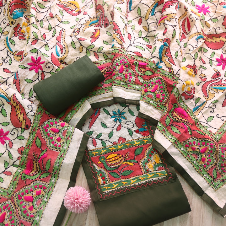 Sajna Olive Green Phulkari Patch Work Neck Glazed Cotton Suit Set
