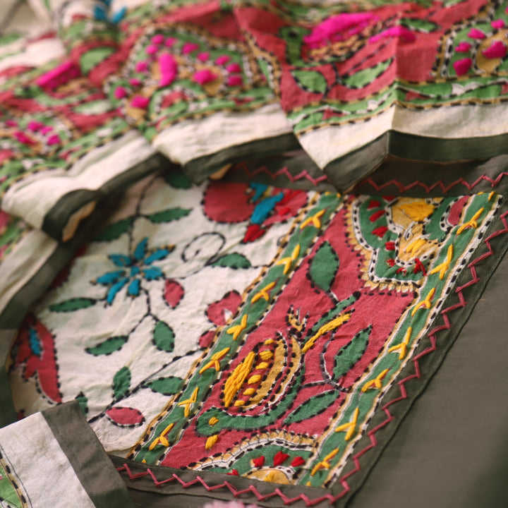 Sajna Olive Green Phulkari Patch Work Neck Glazed Cotton Suit Set