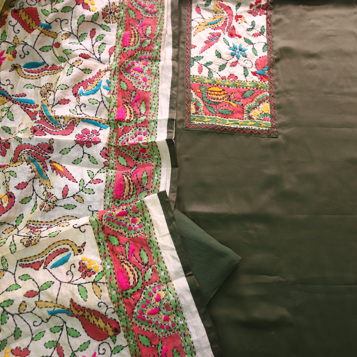 Sajna Olive Green Phulkari Patch Work Neck Glazed Cotton Suit Set