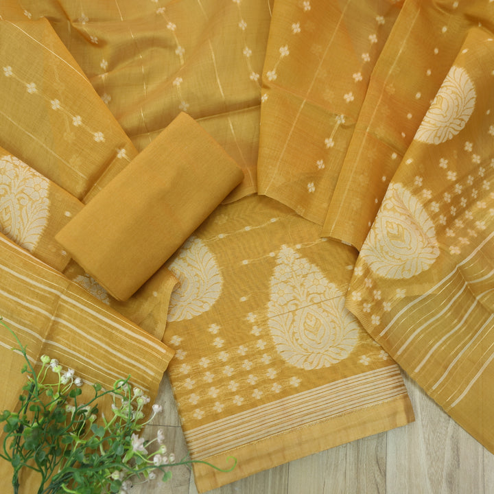 Sarang Dijon Yellow with Zari and Authentic Jamdani Weaved Suit Set