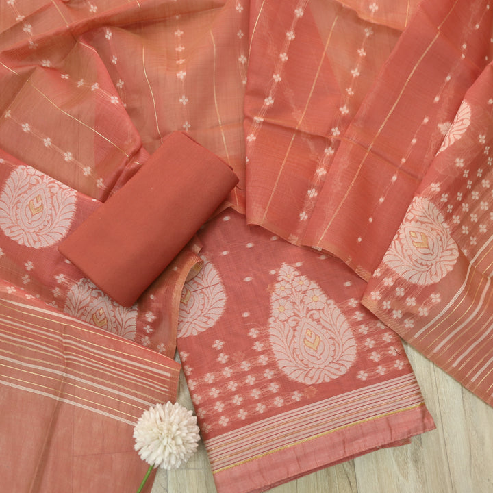 Sarang Soft Peach with Zari and Authentic Jamdani Weaved Suit Set