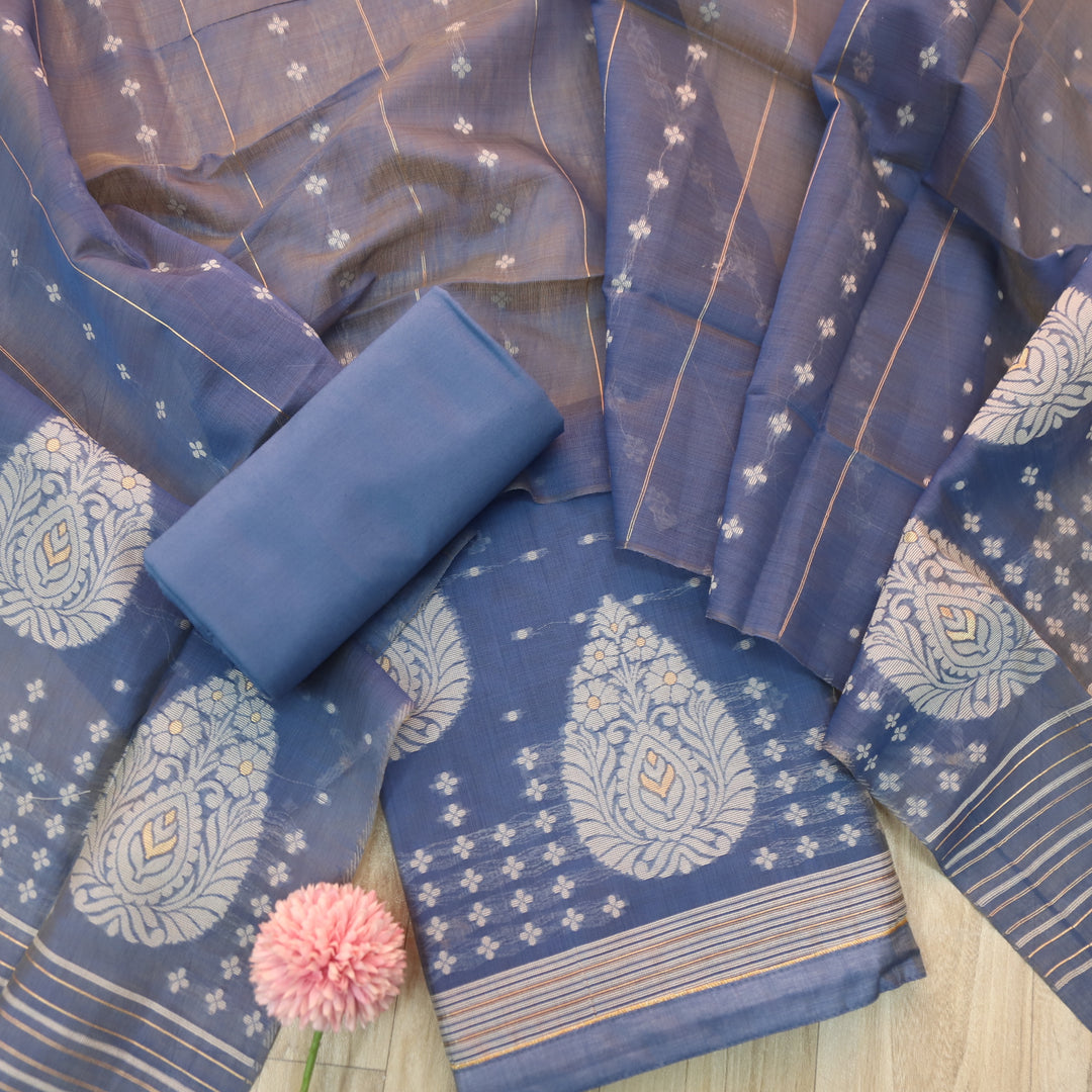 Sarang Cerulean Blue with Zari and Authentic Jamdani Weaved Suit Set