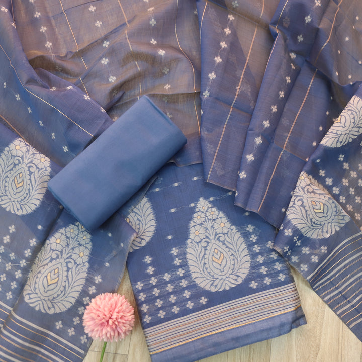 Sarang Cerulean Blue with Zari and Authentic Jamdani Weaved Suit Set