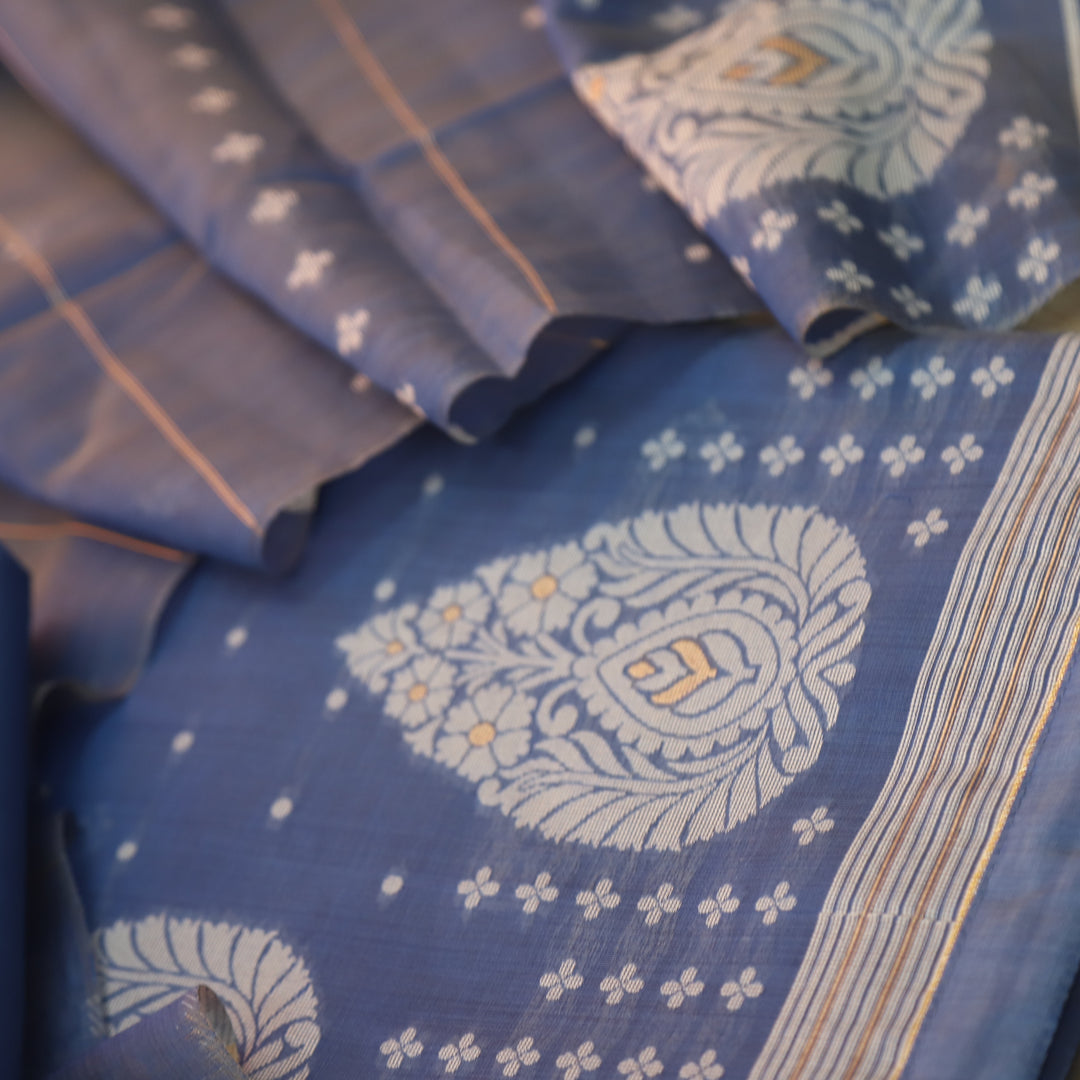 Sarang Cerulean Blue with Zari and Authentic Jamdani Weaved Suit Set