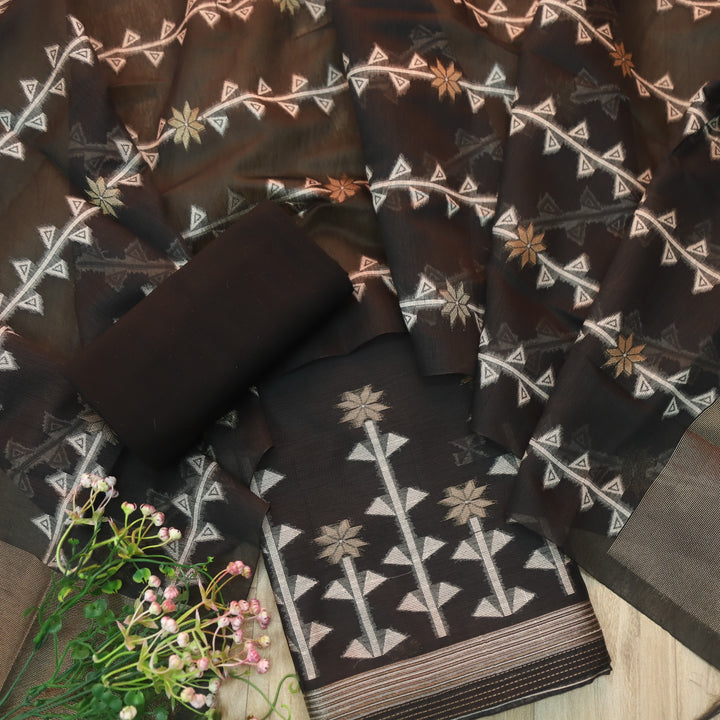 Naari Ebony Black with Zari and Authentic Jamdani Weaved Suit Set