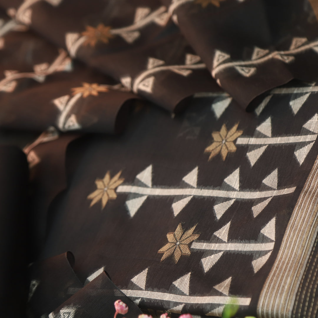 Naari Ebony Black with Zari and Authentic Jamdani Weaved Suit Set