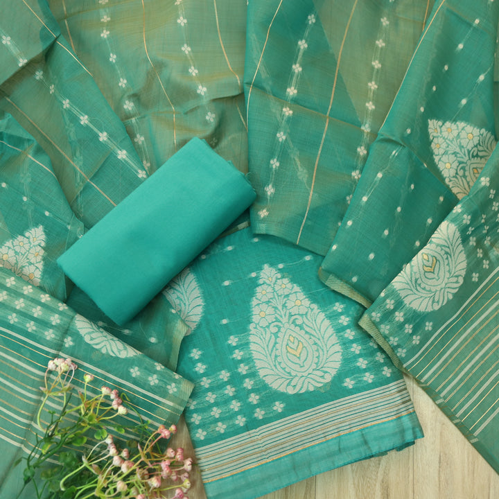 Sarang Turquoise Blue with Zari and Authentic Jamdani Weaved Suit Set