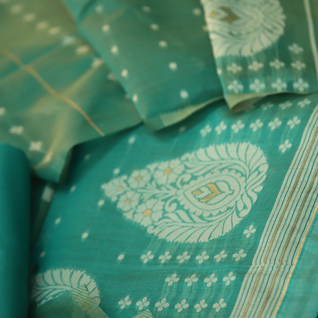 Sarang Turquoise Blue with Zari and Authentic Jamdani Weaved Suit Set