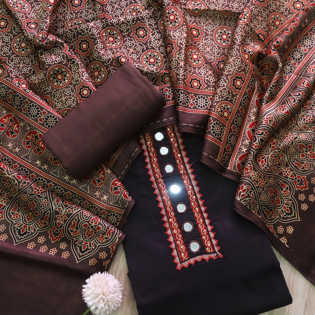 Sulari Ebony Black with Mirror Work Patch Jam Cotton Satin Suit Set