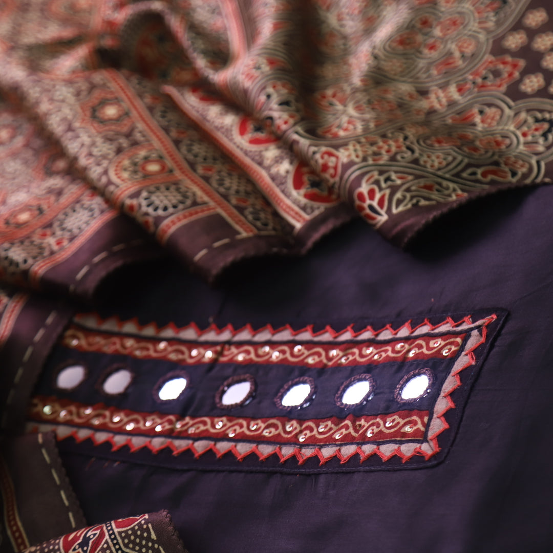 Sulari Ebony Black with Mirror Work Patch Jam Cotton Satin Suit Set