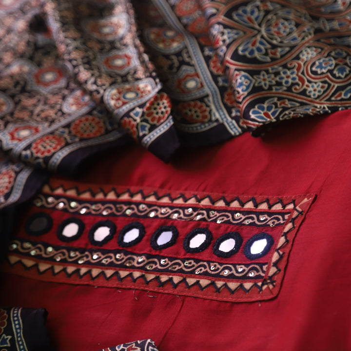 Sulari Crimson Red with Mirror Work Patch Jam Cotton Satin Suit Set