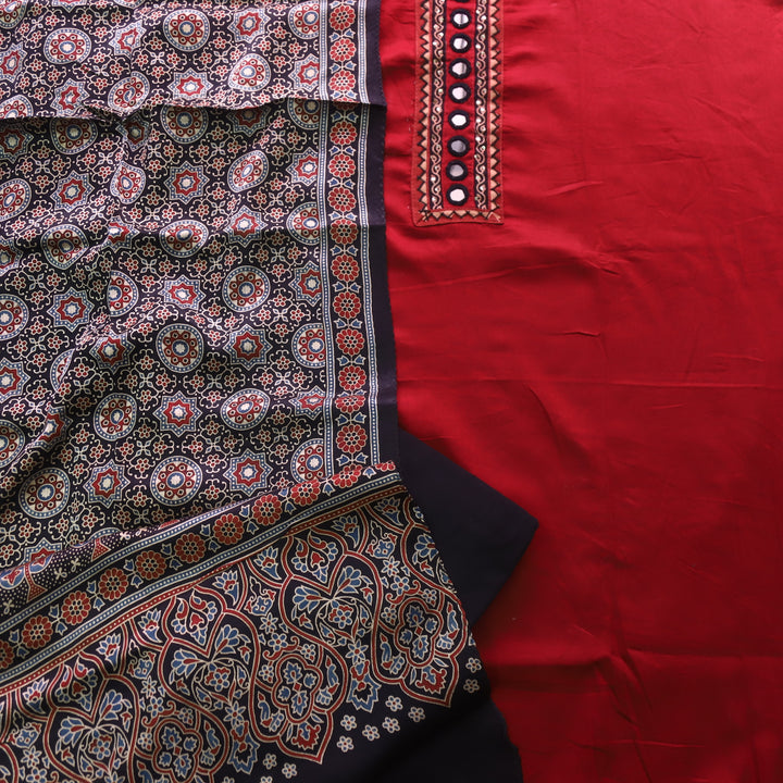 Sulari Crimson Red with Mirror Work Patch Jam Cotton Satin Suit Set