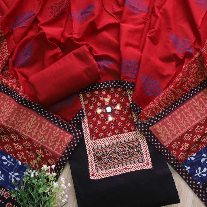 Amisha Ebony Black Kutch Fusion Neck Patch Glazed Cotton Suit Set