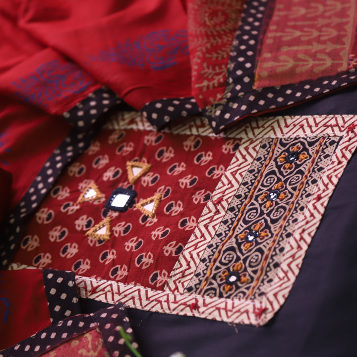 Amisha Ebony Black Kutch Fusion Neck Patch Glazed Cotton Suit Set