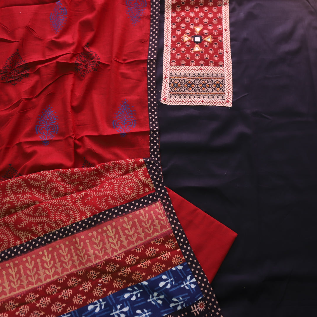 Amisha Ebony Black Kutch Fusion Neck Patch Glazed Cotton Suit Set