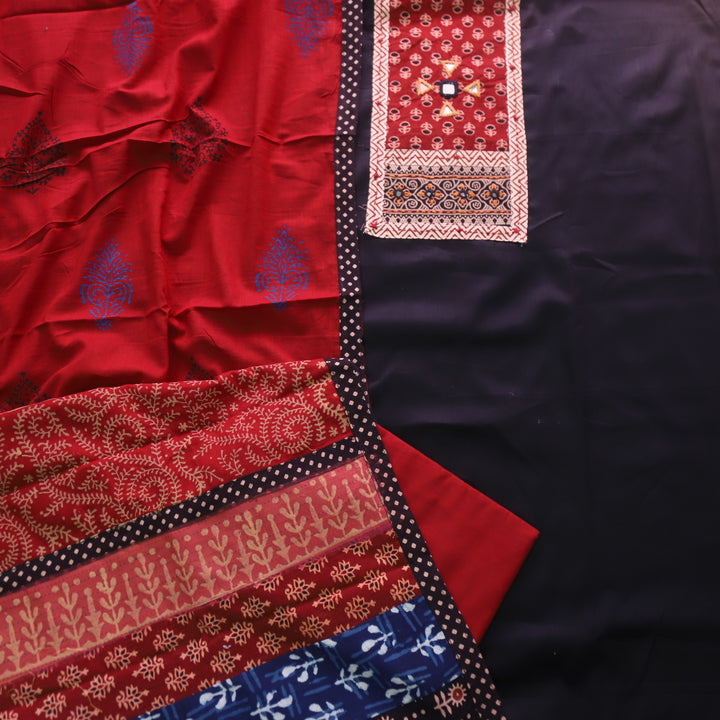 Amisha Ebony Black Kutch Fusion Neck Patch Glazed Cotton Suit Set