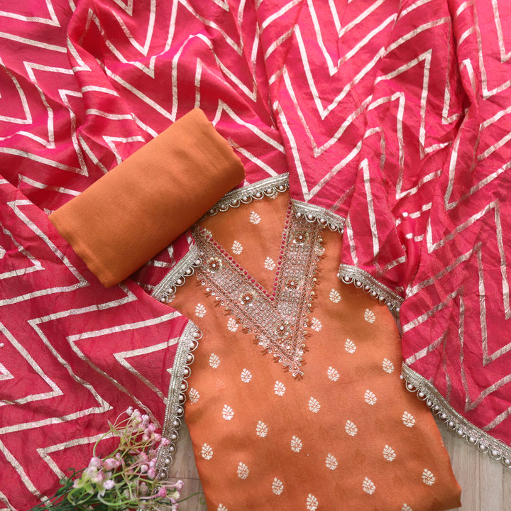 Alvida Amber Orange Embellished Neckline Shimmer Tissue Silk  Suit Set