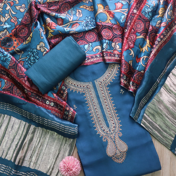 Darshaani Cerulean Blue Zari Embellish Neck Work Russian Silk Suit Set