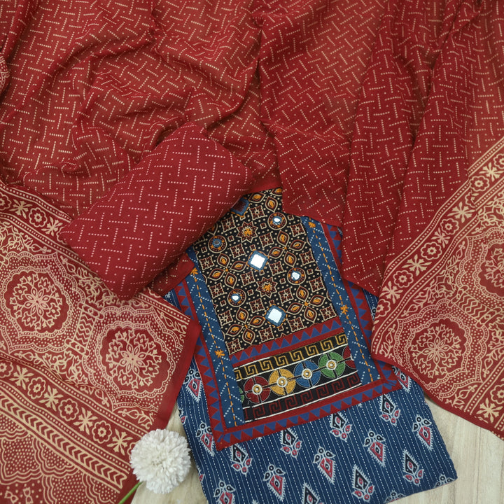 Ada Denim Blue Mirror Work with Patch in Ajrak Printed Cotton Suit Set