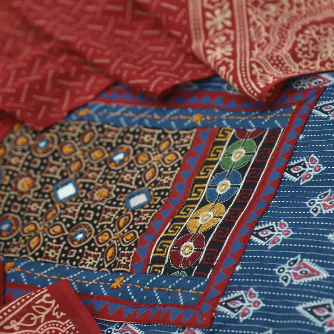 Ada Denim Blue Mirror Work with Patch in Ajrak Printed Cotton Suit Set