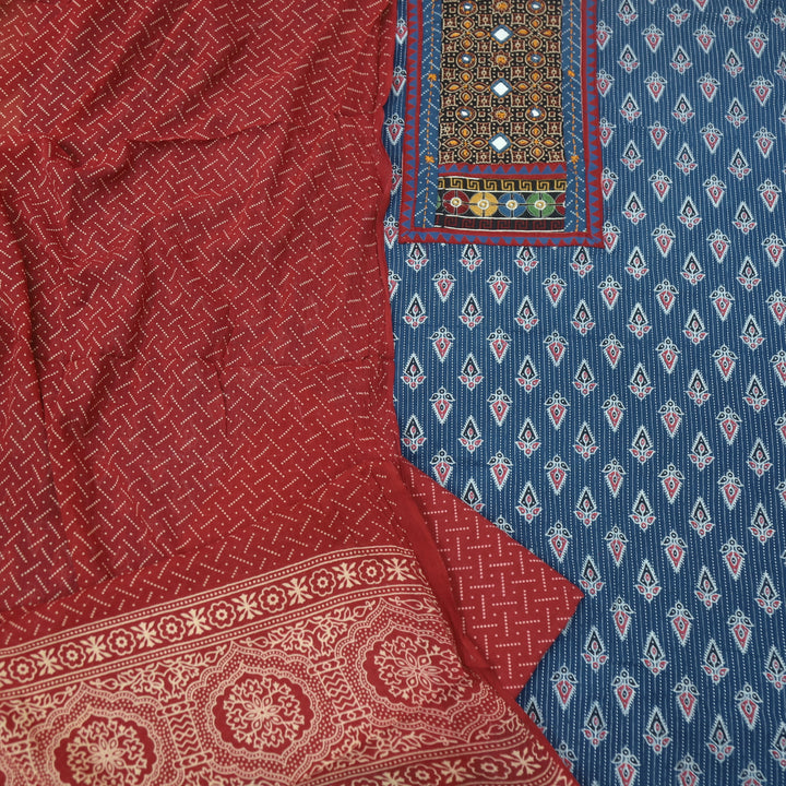 Ada Denim Blue Mirror Work with Patch in Ajrak Printed Cotton Suit Set