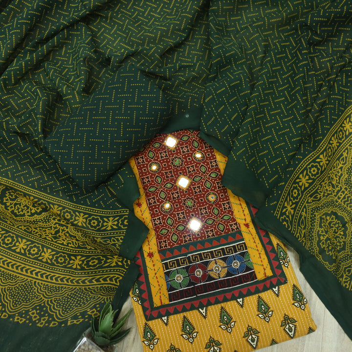 Ada Dijon Yellow Mirror Work with Patch in Ajrak Printed Cotton Suit Set